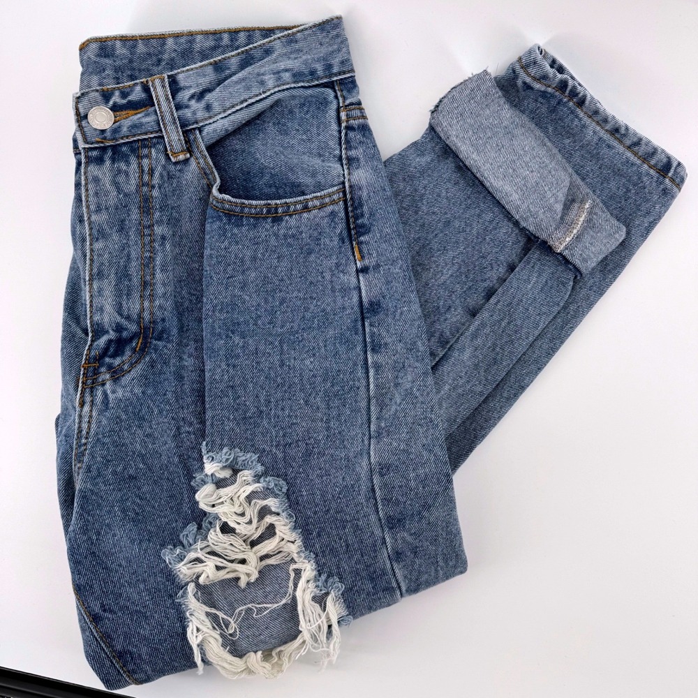 SHEIN Women Size 4 Medium Blue Wash‎ Distressed Shredded High Waisted Mom Jeans
